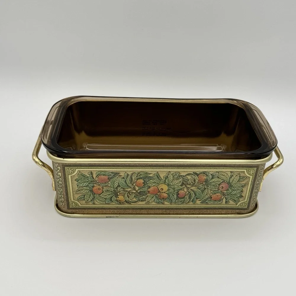 Vintage Pyrex 213 Fruit Harvest Amber Loaf‎ Pan w Metal Cradle 1.5 Qt